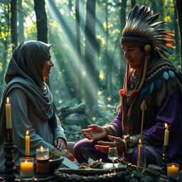 A woman wearing a hijab visits a shaman in a mystical forest