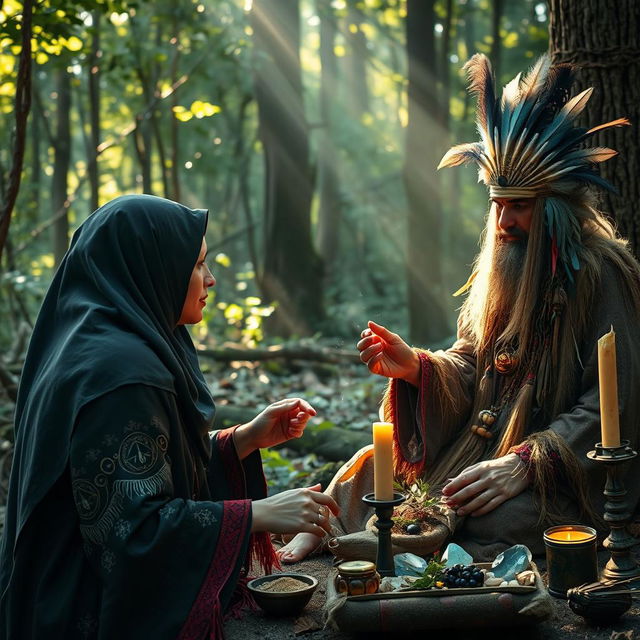 A woman wearing a hijab visits a shaman in a mystical forest