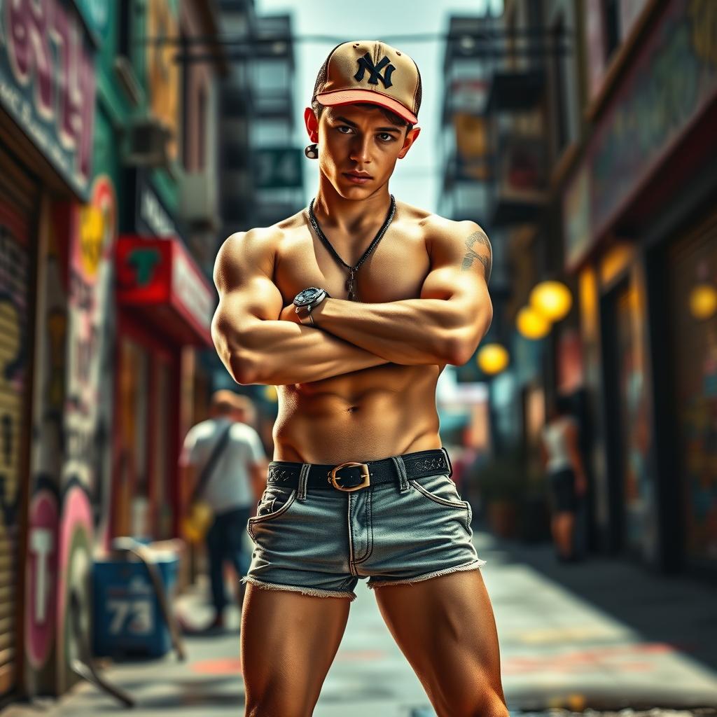 A rebellious 21-year-old, wearing a stylish baseball cap and very short retro shorts, exuding a confident and provocative demeanor
