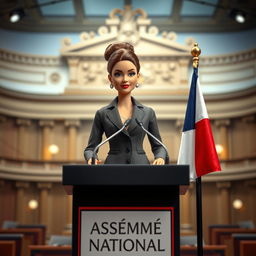 A Barbie doll inspired by Simone Veil, standing confidently behind a podium that reads 'Assemblée Nationale'