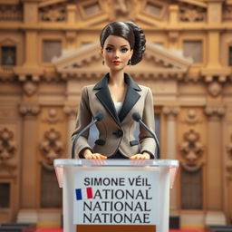 A Barbie doll inspired by Simone Veil, standing confidently behind a podium that reads 'Assemblée Nationale'