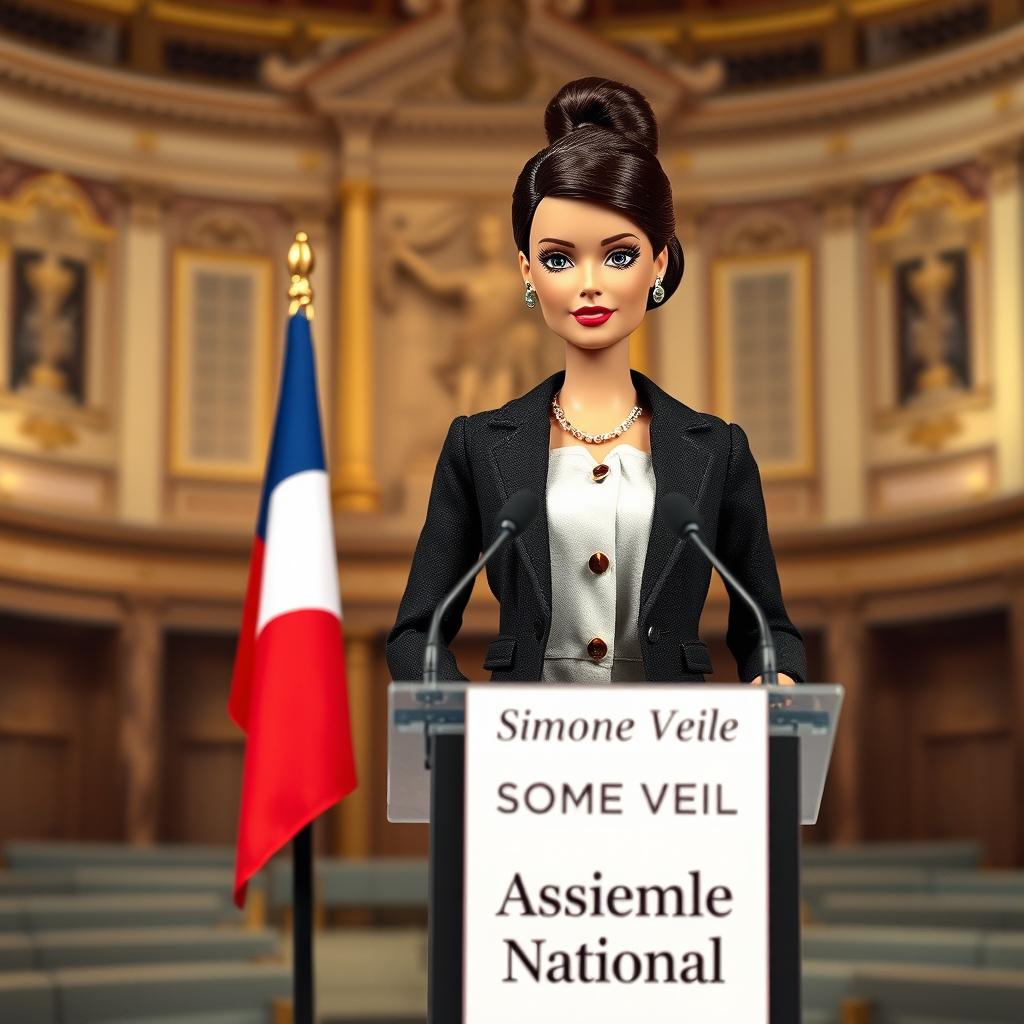 A Barbie doll inspired by Simone Veil, standing confidently behind a podium that reads 'Assemblée Nationale'