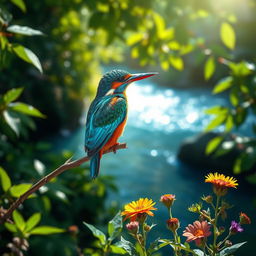 A stunningly vibrant kingfisher perched on a delicate branch, surrounded by lush green foliage and a shimmering blue river in the background