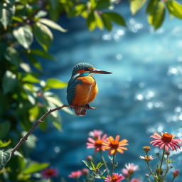 A stunningly vibrant kingfisher perched on a delicate branch, surrounded by lush green foliage and a shimmering blue river in the background