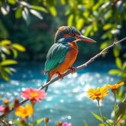 A stunningly vibrant kingfisher perched on a delicate branch, surrounded by lush green foliage and a shimmering blue river in the background