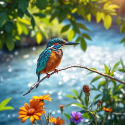 A stunningly vibrant kingfisher perched on a delicate branch, surrounded by lush green foliage and a shimmering blue river in the background
