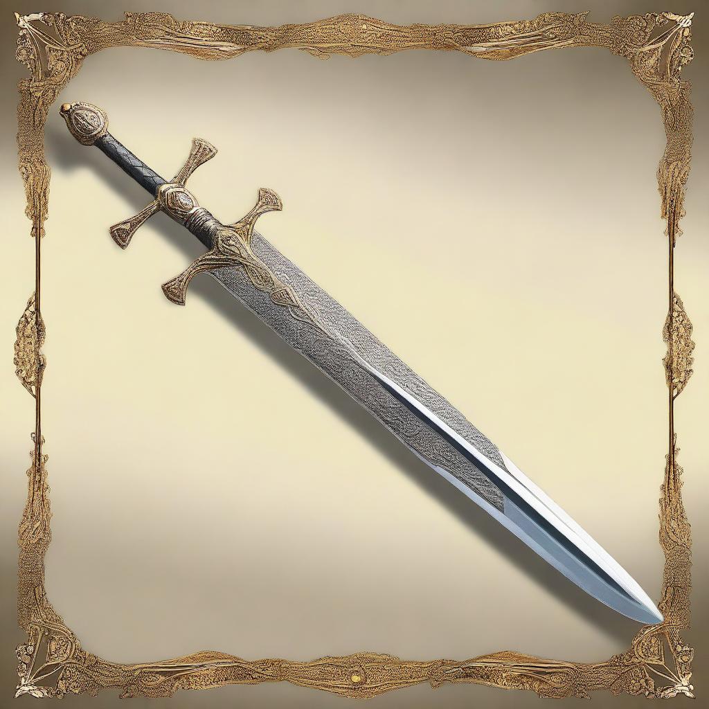 A digital art depicting a long, elegant, high-quality elven falchion