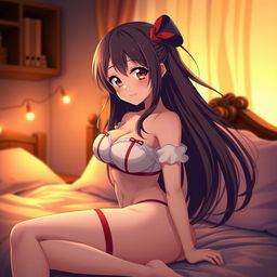 An anime girl with striking features, large expressive eyes, and long flowing hair, wearing a cute yet sexy outfit