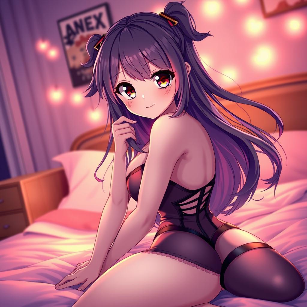 An anime girl with striking features, large expressive eyes, and long flowing hair, wearing a cute yet sexy outfit