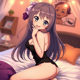 An anime girl with striking features, large expressive eyes, and long flowing hair, wearing a cute yet sexy outfit