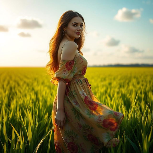 A beautiful woman standing gracefully in a lush green rice field, the scene illuminated by warm golden sunlight