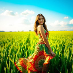 A beautiful woman standing gracefully in a lush green rice field, the scene illuminated by warm golden sunlight