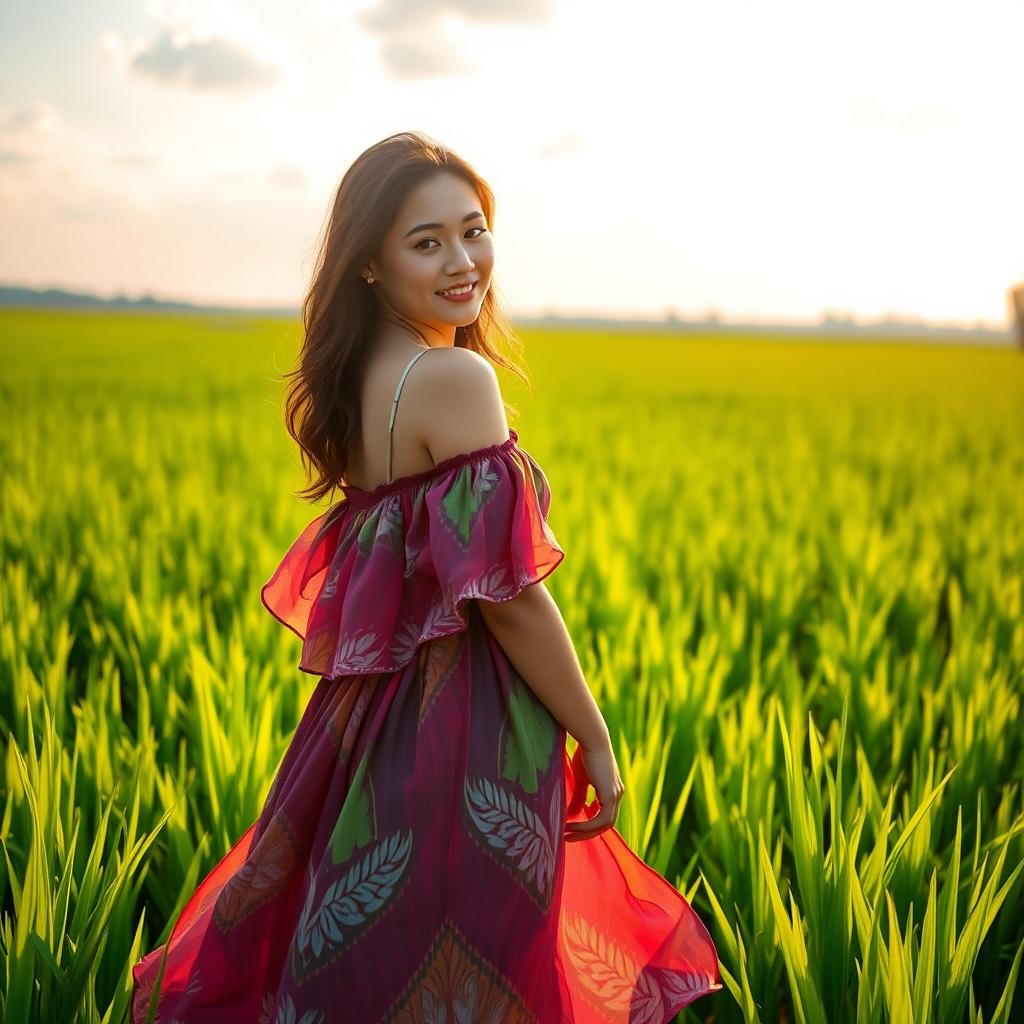 A beautiful woman standing gracefully in a lush green rice field, the scene illuminated by warm golden sunlight