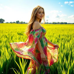 A beautiful woman standing gracefully in a lush green rice field, the scene illuminated by warm golden sunlight