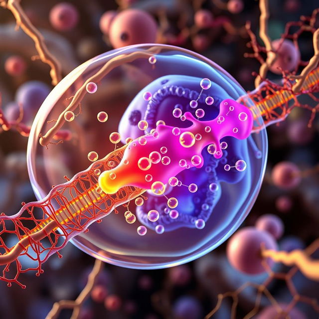 An intricate depiction of calcium signaling in a biological cell, showcasing calcium ions (Ca²⁺) moving in and out of the cell through channels in the membrane