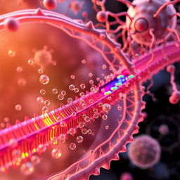 An intricate depiction of calcium signaling in a biological cell, showcasing calcium ions (Ca²⁺) moving in and out of the cell through channels in the membrane