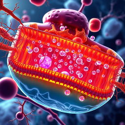 An intricate depiction of calcium signaling in a biological cell, showcasing calcium ions (Ca²⁺) moving in and out of the cell through channels in the membrane