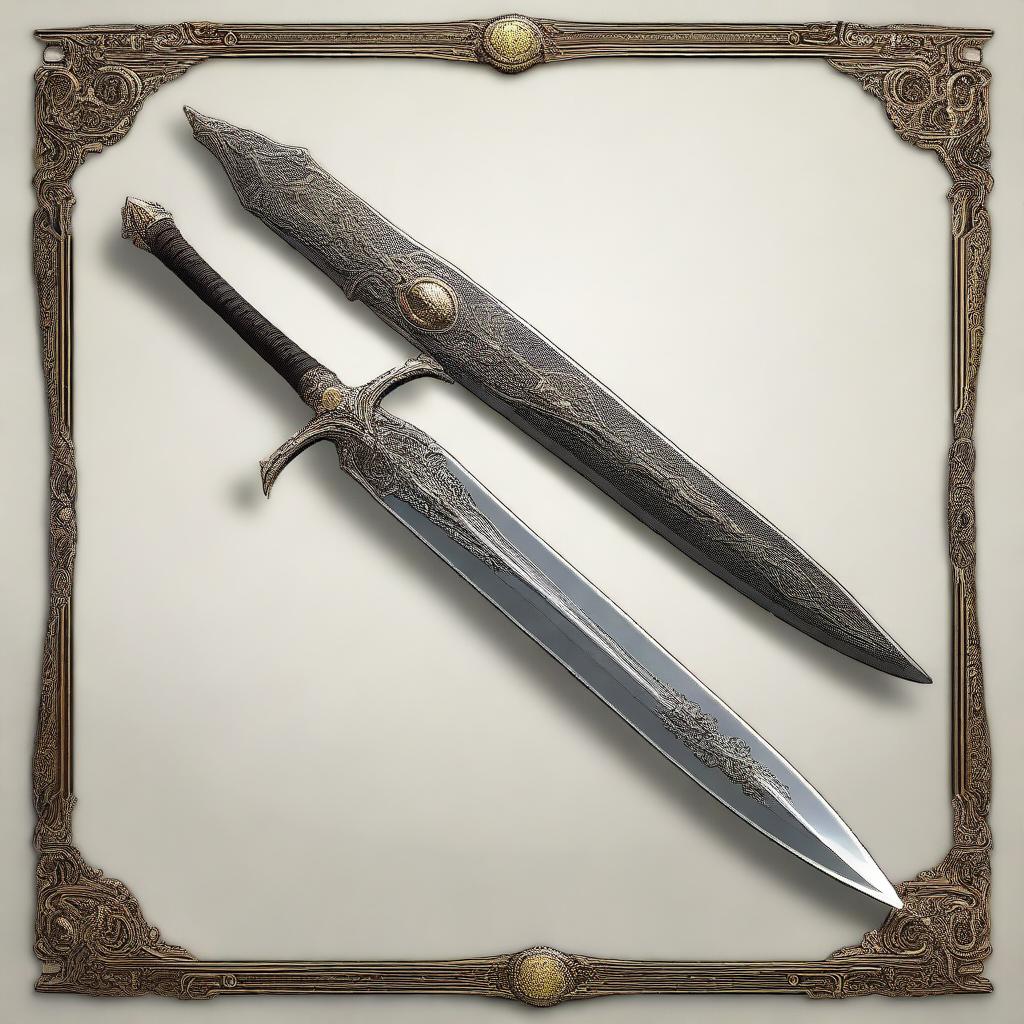 A digital art image showcasing a long, elegant, high-quality elven falchion with inscriptions of a dark deity