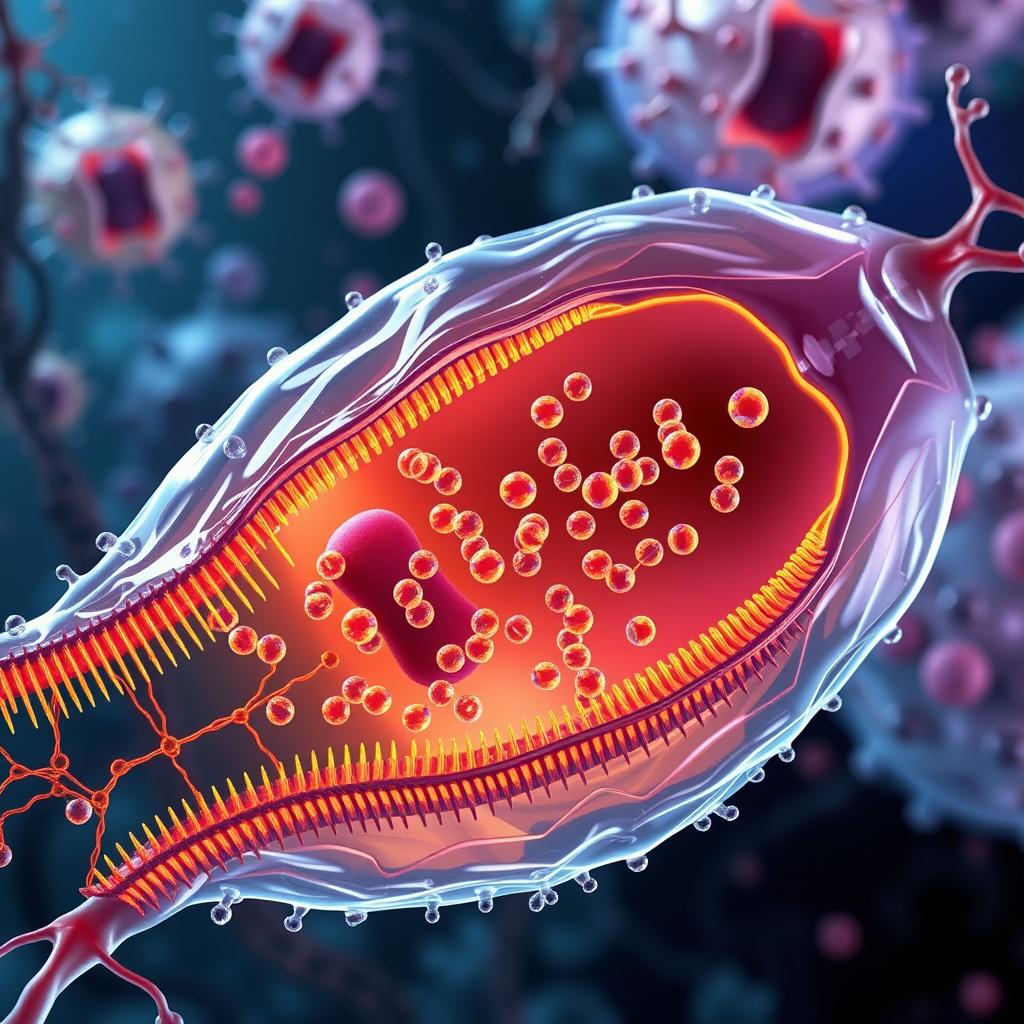 An intricate depiction of calcium signaling in a biological cell, showcasing calcium ions (Ca²⁺) moving in and out of the cell through channels in the membrane