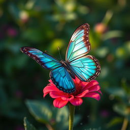 A very beautiful butterfly with iridescent blue and green wings, perched delicately on a vibrant flower in a lush garden