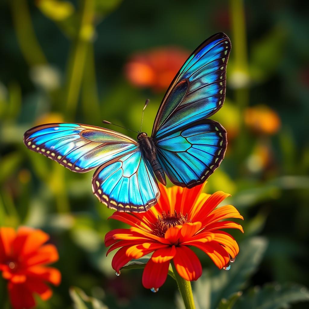 A very beautiful butterfly with iridescent blue and green wings, perched delicately on a vibrant flower in a lush garden