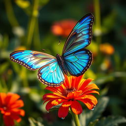A very beautiful butterfly with iridescent blue and green wings, perched delicately on a vibrant flower in a lush garden