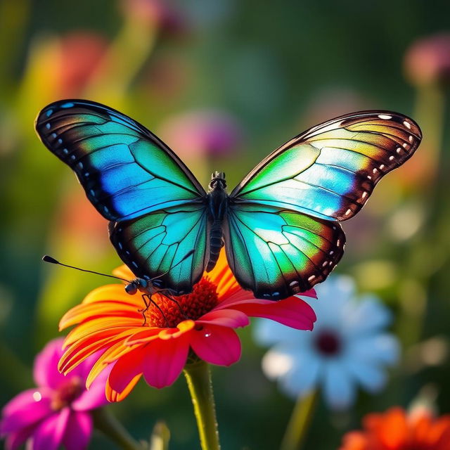 A very beautiful butterfly with iridescent blue and green wings, perched delicately on a vibrant flower in a lush garden