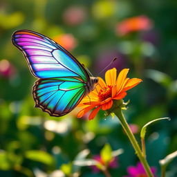 A very beautiful butterfly with iridescent blue and green wings, perched delicately on a vibrant flower in a lush garden