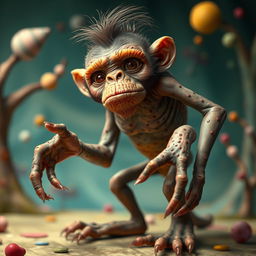 A fantastical creature that resembles a human with monkey-like features, including a pronounced hunchback, disproportionate long hands and legs