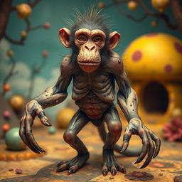 A fantastical creature that resembles a human with monkey-like features, including a pronounced hunchback, disproportionate long hands and legs
