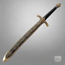 A digital art image showcasing a long, elegant, high-quality elven falchion with inscriptions of a dark deity