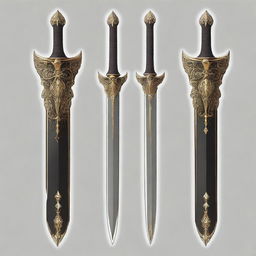 A digital art image illustrating a long, slender, elegant, high-quality elven falchion with inscriptions of a dark deity