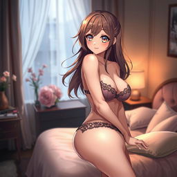 An anime-style illustration featuring a stunningly beautiful girl with large breasts and an attractive figure, set in a cozy bedroom