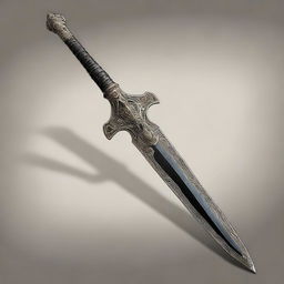 A digital art image illustrating a long, slender, elegant, high-quality elven falchion with inscriptions of a dark deity