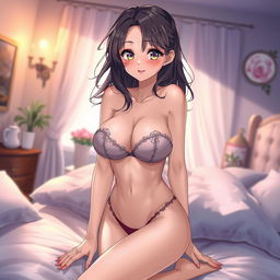 An anime-style illustration featuring a stunningly beautiful girl with large breasts and an attractive figure, set in a cozy bedroom