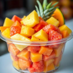 A colorful arrangement of freshly cut pineapple, juicy watermelon, and ripe papaya pieces displayed in a transparent plastic glass container
