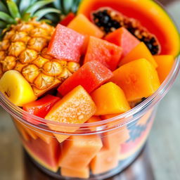 A colorful arrangement of freshly cut pineapple, juicy watermelon, and ripe papaya pieces displayed in a transparent plastic glass container