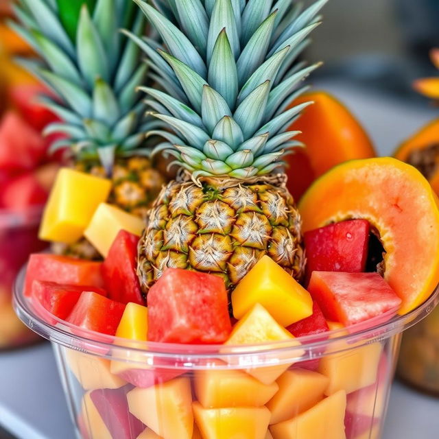 A colorful arrangement of freshly cut pineapple, juicy watermelon, and ripe papaya pieces displayed in a transparent plastic glass container