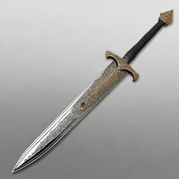 A digital art image illustrating a long, slender, elegant, high-quality elven falchion with inscriptions of a dark deity