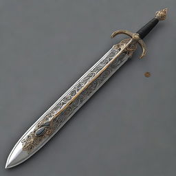 A digital art image illustrating a long, slender, elegant, high-quality elven falchion with inscriptions of a dark deity