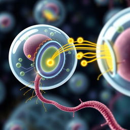 A dynamic and colorful illustration of calcium signaling in cells, depicting the intricate process of calcium ions moving across cell membranes