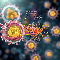 A dynamic and colorful illustration of calcium signaling in cells, depicting the intricate process of calcium ions moving across cell membranes