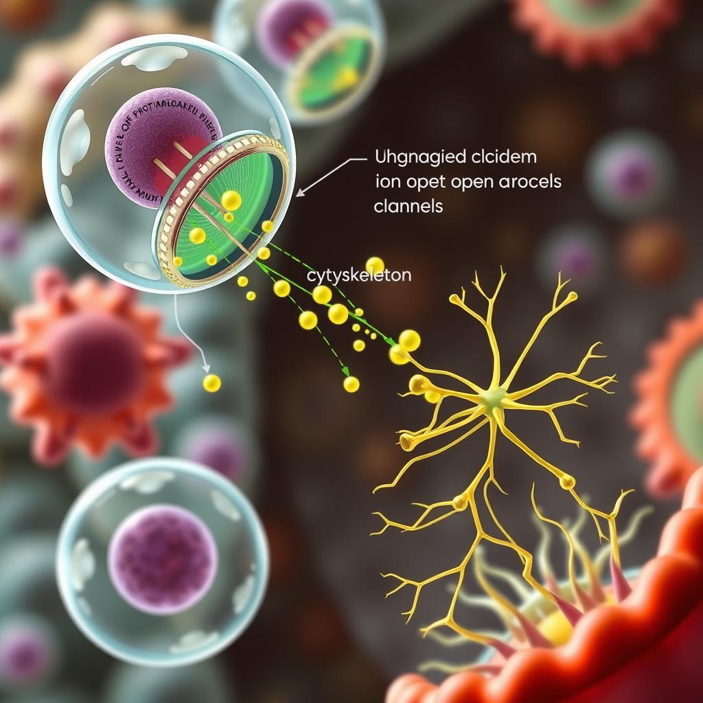 A dynamic and colorful illustration of calcium signaling in cells, depicting the intricate process of calcium ions moving across cell membranes