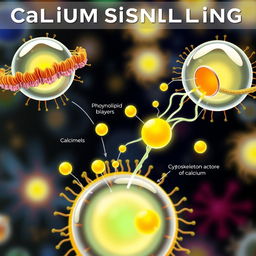 A dynamic and colorful illustration of calcium signaling in cells, depicting the intricate process of calcium ions moving across cell membranes