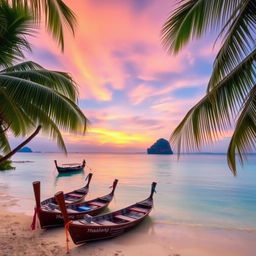 A breathtaking scenic view of Thailand, showcasing a vibrant sunset over a tranquil beach with crystal clear waters