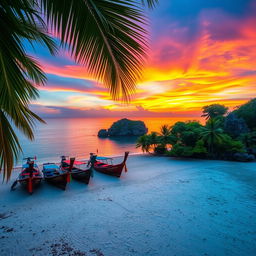 A breathtaking scenic view of Thailand, showcasing a vibrant sunset over a tranquil beach with crystal clear waters