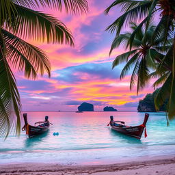A breathtaking scenic view of Thailand, showcasing a vibrant sunset over a tranquil beach with crystal clear waters
