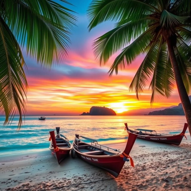 A breathtaking scenic view of Thailand, showcasing a vibrant sunset over a tranquil beach with crystal clear waters