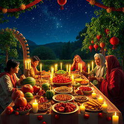 A vibrant and festive Yalda Night celebration, featuring a beautifully arranged table full of traditional items like pomegranates, watermelons, nuts, and fruits