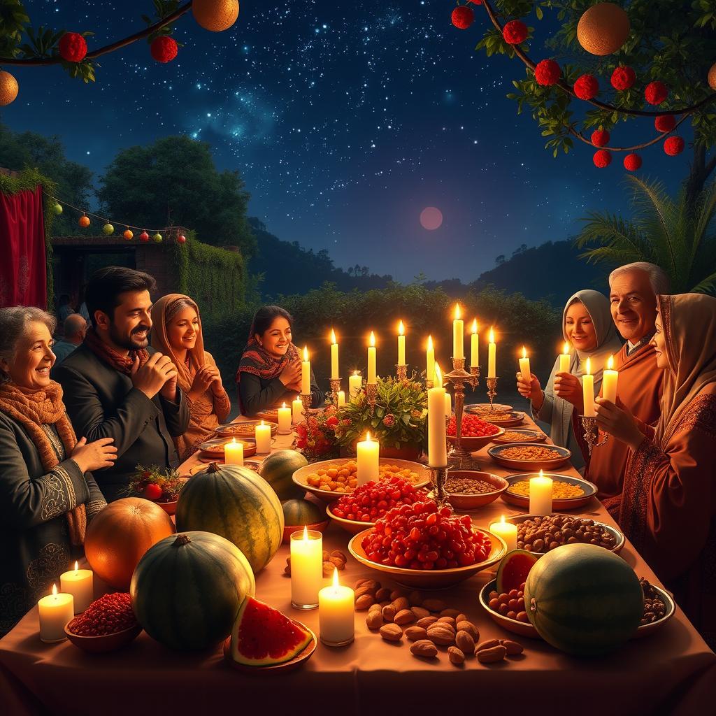 A vibrant and festive Yalda Night celebration, featuring a beautifully arranged table full of traditional items like pomegranates, watermelons, nuts, and fruits